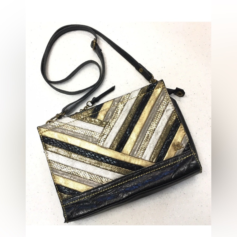 The Sak Black Leather Crossbody Evening Bag Purse Clutch Gold Metallic Snakeskin